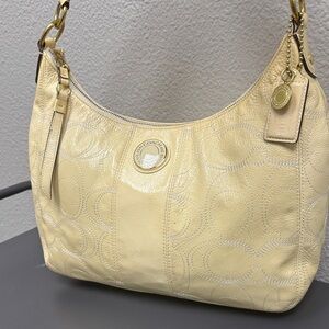 Coach Light Yellow Patent Leather Stiched C Hobo Bag